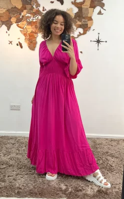 Outlet 🌟 Pinstripe Plain Ruffle Hem Maxi 👗 Dress In Hot Pink 🤩