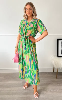 Best Sale ⌛ IKRUSH Mariah Button Down Printed Maxi 👗 Dress With Tie Front In Green ❤️