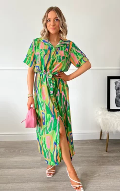 Best Sale ⌛ IKRUSH Mariah Button Down Printed Maxi 👗 Dress With Tie Front In Green ❤️ -Alie Street Shop IMG 8008