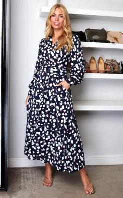 Cheap 𧨠Jolie Moi Nancy Long Sleeve Maxi π Dress, Navy White Floral π