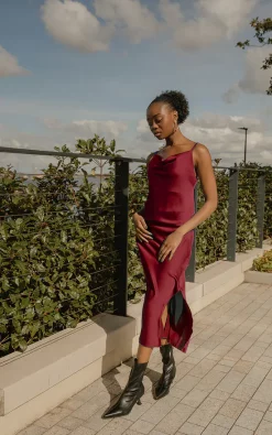 Flash Sale π Sugar + Style Wine Red Cowl Neck Strap Slip Midi π Dress With Side Slit π
