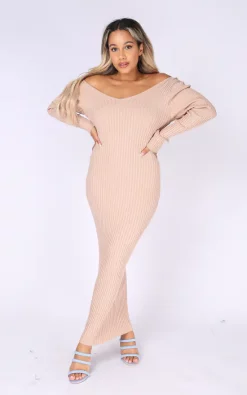 Best deal 🔥 Pretty Moi Beige Ribbed Plunge Neck Maxi 👗 Dress 💯