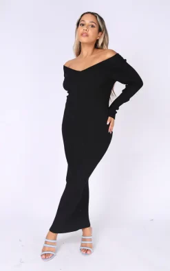Top 10 👏 Pretty Moi Black Ribbed Plunge Neck Maxi 👗 Dress 👍 -Alie Street Shop MC7192 BLACK