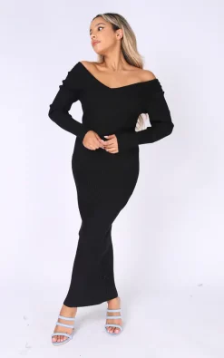 Top 10 👏 Pretty Moi Black Ribbed Plunge Neck Maxi 👗 Dress 👍
