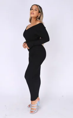 Top 10 👏 Pretty Moi Black Ribbed Plunge Neck Maxi 👗 Dress 👍 -Alie Street Shop MC7192 BLACK 8