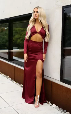 Hot Sale 🧨 Naked 👗 Dresses Gigi Red Satin Cut Out Maxi Evening Gown 👏