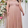 Wholesale 🔔 Goddiva Plus Size Bardot Pleated 👗 Skirt Maxi 👗 Dress In Blush ✔️