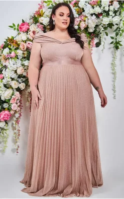 Wholesale 🔔 Goddiva Plus Size Bardot Pleated 👗 Skirt Maxi 👗 Dress In Blush ✔️