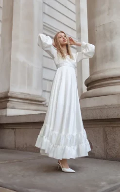 Discount π Leiva White Satin Long Maxi π Dress With Sleeves, High Wasted A Line π Dress β 9 Discount π Leiva White Satin Long Maxi π Dress With Sleeves, High Wasted A Line π Dress β -Alie Street Shop adformat2