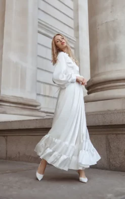 Discount π Leiva White Satin Long Maxi π Dress With Sleeves, High Wasted A Line π Dress β