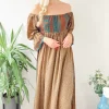 Cheapest 😍 LEONORA GYPSY Bella Beige Multicoloured Recycled Silk Bardot Boho Maxi 👗 Dress ✔️ -Alie Street Shop bella beige blue print silk maxi dress 11