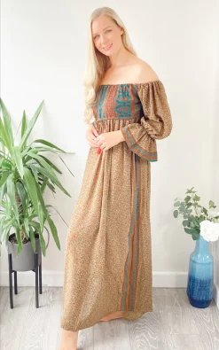 Cheapest 😍 LEONORA GYPSY Bella Beige Multicoloured Recycled Silk Bardot Boho Maxi 👗 Dress ✔️ -Alie Street Shop bella beige blue print silk maxi dress 6