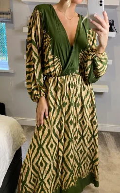 Deals 😉 Belle Love Italy Oversized Curve Penelope Ruffle Balloon Sleeve Shirred Maxi 👗 Dress With Pockets In Green Beige Geo Stripe 🥰 -Alie Street Shop belleloves sasha 06.10.22104
