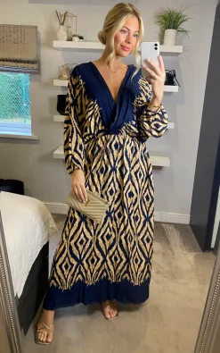 Wholesale 💯 Belle Love Italy Oversize Curve Penelope Ruffle Balloon Sleeve Shirred Maxi 👗 Dress With Pockets In Navy Beige Geo Stripe 👏