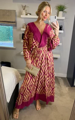 Top 10 😉 Belle Love Italy Oversized Curve Penelope Ruffle Balloon Sleeve Shirred Maxi 👗 Dress With Pockets In Pink Beige Geo Stripe ⭐