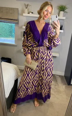 Wholesale 🔔 Belle Love Italy Oversized Curve Penelope Ruffle Balloon Sleeve Shirred Maxi 👗 Dress With Pockets In Purple Beige Geo Stripe 😀