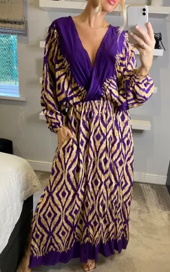 Wholesale 🔔 Belle Love Italy Oversized Curve Penelope Ruffle Balloon Sleeve Shirred Maxi 👗 Dress With Pockets In Purple Beige Geo Stripe 😀 -Alie Street Shop belleloves sasha 06.10.22124