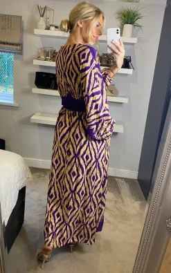 Wholesale 🔔 Belle Love Italy Oversized Curve Penelope Ruffle Balloon Sleeve Shirred Maxi 👗 Dress With Pockets In Purple Beige Geo Stripe 😀 -Alie Street Shop belleloves sasha 06.10.22126