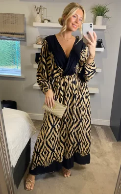 Best reviews of ❤️ Belle Love Italy Oversized Curve Penelope Ruffle Balloon Sleeve Shirred Maxi 👗 Dress With Pockets In Black Beige Geo Stripe ✔️