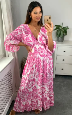 Deals 😀 HOXTON GAL Oversized V Neck Detailed Floral Print Maxi 👗 Dress In Pink And White 💯 -Alie Street Shop hoxtongal naomi 28.07.220