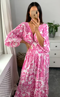 Deals 😀 HOXTON GAL Oversized V Neck Detailed Floral Print Maxi 👗 Dress In Pink And White 💯 -Alie Street Shop hoxtongal naomi 28.07.221