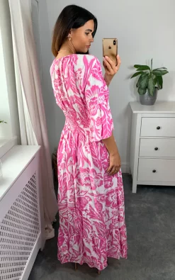 Deals 😀 HOXTON GAL Oversized V Neck Detailed Floral Print Maxi 👗 Dress In Pink And White 💯 -Alie Street Shop hoxtongal naomi 28.07.223