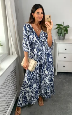 New π HOXTON GAL Oversized V Neck Detailed Floral Print Maxi π Dress In Navy And White π