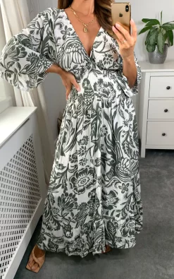 Best reviews of 🔥 HOXTON GAL Oversized V Neck Detailed Floral Print Maxi 👗 Dress In Khaki And White 🛒 -Alie Street Shop hoxtongal naomi 28.07.229