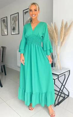 Hot Sale 👍 IKRUSH Ava Tiered Sleeve Maxi 👗 Dress In Green 🎉