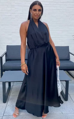 Brand new 👍 The Fashion Bible Black Satin Backless Maxi 👗 Dress 😉
