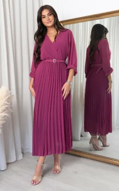 Best deal 👍 IKRUSH Fatima Pleated Maxi 👗 Dress With Belt Detail In Magenta 🌟