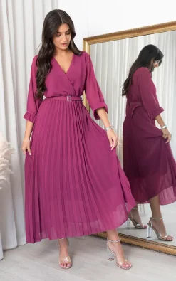 Best deal 👍 IKRUSH Fatima Pleated Maxi 👗 Dress With Belt Detail In Magenta 🌟 -Alie Street Shop image download 32