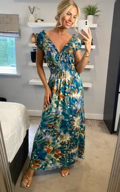 Flash Sale ✨ Izabel London Multi Green Floral V Neck Cap Sleeve Maxi 👗 Dress 💯