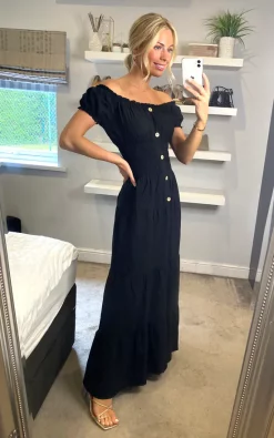 Outlet π KURT MULLER Plain Cotton Bardot Maxi π Dress In Black π