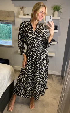 Promo 🔥 LOVE SUNSHINE Zebra Print Shirred Wasit Midmaxi 👗 Dress 🤩 -Alie Street Shop sasha lovesunshine 13.10.2254