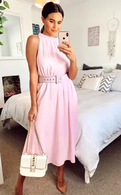 Best deal 💯 Shikha London Plain Sleeveless Belted Midi 👗 Dress In Pink ⭐