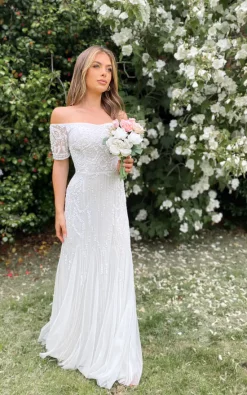 Wholesale 🧨 Sistaglam Evie White Bardot Maxi 👗 Dress 👏