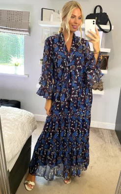 Outlet 👍 CY Boutique Frilled Sleeve Maxi 👗 Dress In Blue Daisy Floral Print 🔥 -Alie Street Shop unnamed file 1055