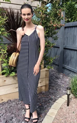 Best Pirce 😀 CY Boutique Strappy Maxi 👗 Dress In Navy And White Stripe ❤️