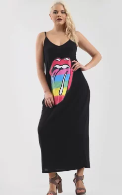 Wholesale 😀 Oops Fashion Black Strappy Maxi 👗 Dress With Rainbow Lips 👍