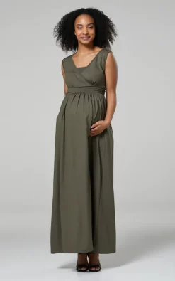 Best Pirce 😍 Happy Mama Maternity Nursing Maxi 👗 Dress With Pockets In Khaki 👏
