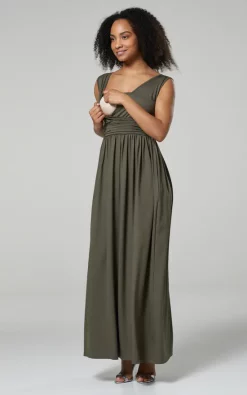 Best Pirce 😍 Happy Mama Maternity Nursing Maxi 👗 Dress With Pockets In Khaki 👏 -Alie Street Shop unnamed file 1073
