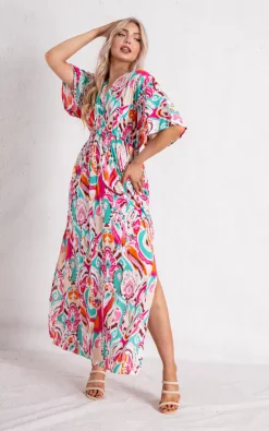 Wholesale 🎁 Boutique Store Fuchsia Multicolour Short Sleeve Maxi 👗 Dress 🧨