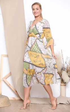 Cheapest 🛒 Lucy Sparks Yellow Patterned V Neck Midi 👗 Dress 🔥 -Alie Street Shop unnamed file 1091