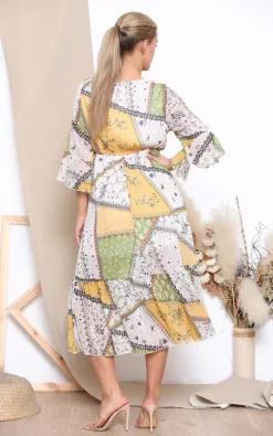 Cheapest 🛒 Lucy Sparks Yellow Patterned V Neck Midi 👗 Dress 🔥 -Alie Street Shop unnamed file 1092