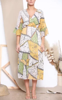 Cheapest 🛒 Lucy Sparks Yellow Patterned V Neck Midi 👗 Dress 🔥 -Alie Street Shop unnamed file 1093