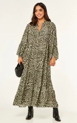 Best deal 😀 Blue Vanilla Millie Leopard Print Maxi Smock 👗 Dress In Khaki Leopard 🛒