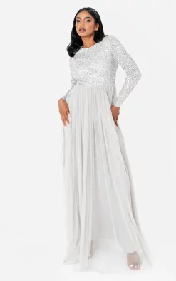 Wholesale 🧨 Maya Deluxe Soft Grey Embellished Long Sleeve Bridesmaid Maxi 👗 Dress 🌟