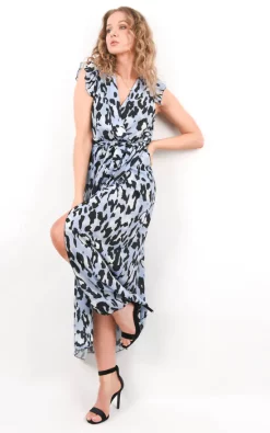 New 👏 Boutique Store Blue Leopard Print Side Split Maxi Wrap 👗 Dress 👏