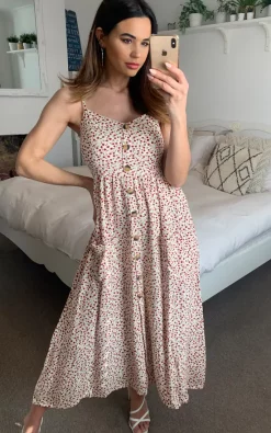 Brand new ⌛ TENKI LONDON Strappy Floral Print Button Midi 👗 Dress In Cream 💯 -Alie Street Shop unnamed file 1212